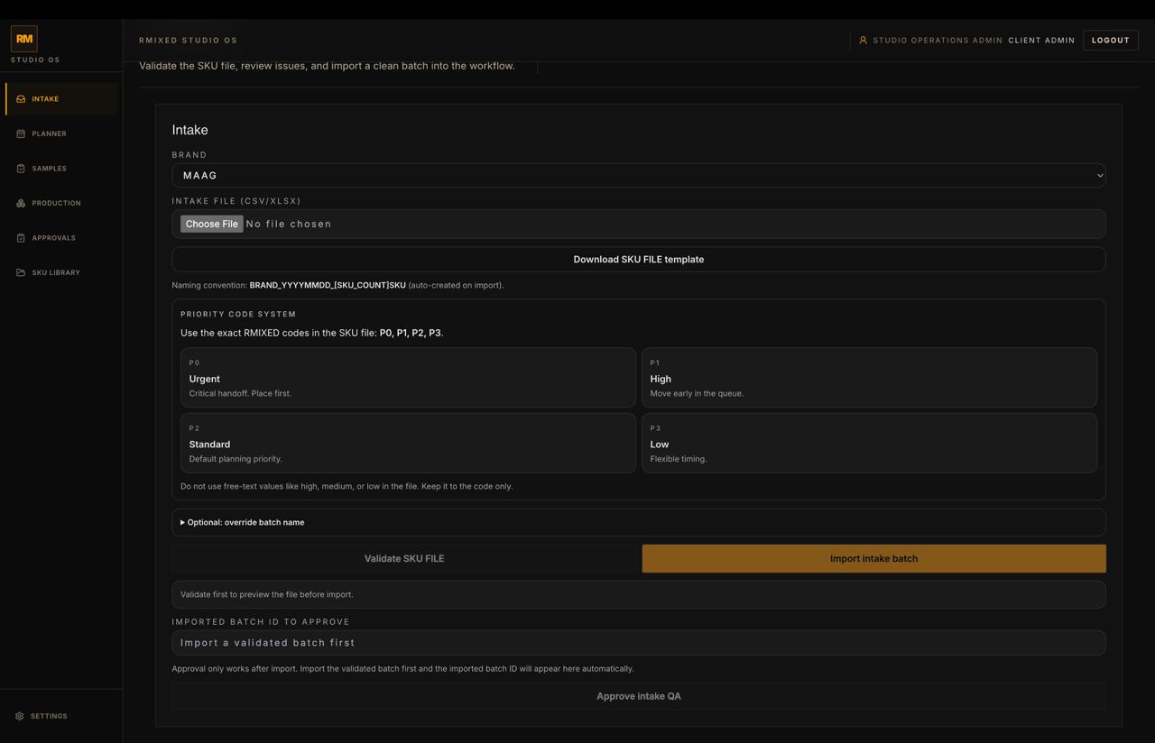 Studio intake workspace with brand selection, upload controls, and intake QA actions.